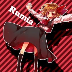 Rule 34 | 1girl, bad id, bad pixiv id, blonde hair, character name, embodiment of scarlet devil, female focus, hair ribbon, outstretched arms, red eyes, ribbon, rumia, shiratamako, short hair, solo, spread arms, touhou