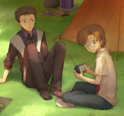 Rule 34 | 2boys, aida kensuke, arm support, black hair, blouse, brown hair, camping, day, dress shirt, expressionless, freckles, friends, frown, full body, glasses, grass, indian style, knees up, looking at another, looking at viewer, looking to the side, male focus, moai (aoh), multiple boys, nature, neon genesis evangelion, outdoors, plant, round eyewear, school uniform, shirt, short sleeves, sitting, sleeves rolled up, suzuhara touji, sweater, television, tent, track suit, uniform, white shirt