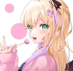 Rule 34 | 1girl, amopui, blonde hair, blush, bow, candy, commentary request, fang, food, from side, green eyes, hair bow, hair ornament, hairclip, highres, holding, holding candy, holding food, holding lollipop, iris black games, kurumi noah, lollipop, long hair, looking at viewer, looking to the side, multicolored hair, open mouth, skin fang, sleeves past wrists, smile, solo, streaked hair, two-tone background, upper body, virtual youtuber, vspo!, wings