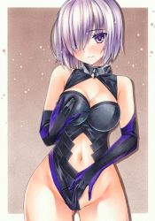 Rule 34 | 1girl, bad id, bad pixiv id, black leotard, blush, breasts, cleavage, cleavage cutout, closed mouth, clothing aside, clothing cutout, cowboy shot, elbow gloves, embarrassed, fate/grand order, fate (series), gloves, hair between eyes, hair over one eye, leotard, leotard aside, looking at viewer, mash kyrielight, medium breasts, midriff, multicolored clothes, multicolored gloves, navel, navel cutout, partially visible vulva, pastel (medium), purple eyes, short hair, silver hair, solo, standing, stomach, traditional media, yuto takumi