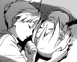 Rule 34 | 2boys, aged down, alphonse elric, bishounen, black outline, brothers, child, close-up, closed eyes, collarbone, collared shirt, darkness, dress shirt, edward elric, expressionless, eyelashes, face-to-face, fingernails, floor, fullmetal alchemist, greyscale, hand on another&#039;s head, light, lowres, lying, male focus, medium hair, monochrome, multiple boys, noako, on back, on floor, on side, outline, parted bangs, parted lips, profile, rotational symmetry, shadow, shirt, siblings, sidelighting, sleeping, snoring, swept bangs, upper body
