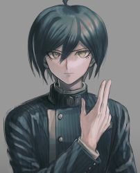 Rule 34 | 1boy, absurdres, ahoge, black hair, black jacket, brown eyes, buttons, closed mouth, commentary, danganronpa (series), danganronpa v3: killing harmony, double-breasted, gakuran, green eyes, grey background, hand up, highres, jacket, long sleeves, looking at viewer, male focus, saihara shuichi, school uniform, short hair, simple background, smile, solo, striped clothes, striped jacket, upper body, visket53