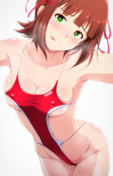 Rule 34 | 1girl, amami haruka, bare shoulders, blunt bangs, blush, breasts, brown hair, cleavage, collarbone, covered erect nipples, covered navel, green eyes, hair ribbon, head tilt, heart, heart-shaped pupils, highres, hip focus, idolmaster, idolmaster (classic), licking lips, looking at viewer, medium breasts, one-piece swimsuit, red one-piece swimsuit, red ribbon, revealing clothes, ribbon, saliva, simple background, skindentation, smile, solo, sweat, swimsuit, symbol-shaped pupils, tengu (tetuo kun), tongue, tongue out, white background