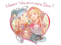 Rule 34 | 2girls, :p, ahoge, alternate hairstyle, apron, blonde hair, blue eyes, blue hair, bob cut, brown eyes, djeeta (granblue fantasy), fighter (granblue fantasy), flower, granblue fantasy, hairband, happy valentine, looking at viewer, lyria (granblue fantasy), minaba hideo, mixing bowl, multiple girls, official art, puffy short sleeves, puffy sleeves, short sleeves, tongue, tongue out, valentine, whisk