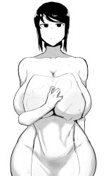 Rule 34 | 1girl, areola slip, blank eyes, breasts, cleavage, covering privates, covering breasts, curvy, fujou joshi, greyscale, huge breasts, monochrome, solo, towel, towel over breasts, wet, wide hips