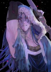Rule 34 | 1boy, arm behind head, arm up, black background, blue hair, bracelet, capelet, collarbone, cu chulainn (fate), cu chulainn (caster) (fate), earrings, elbow gloves, fate/grand order, fate (series), fur, fur-trimmed hood, fur trim, gloves, highres, holding, holding weapon, hood, hood up, hooded capelet, itk, jewelry, cu chulainn (fate/stay night), long hair, looking down, male focus, muscular, open mouth, red eyes, simple background, skin tight, slit pupils, solo, splatter, staff, type-moon, weapon, wooden staff