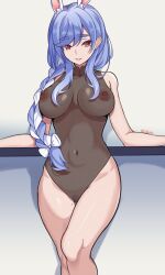Rule 34 | 1girl, absurdres, animal ear fluff, animal ears, black bodysuit, blue hair, blush, bodysuit, braid, breasts, commentary, coubalty, english commentary, female pubic hair, highres, hololive, large breasts, long hair, looking at viewer, mature female, mole on crotch, multicolored hair, nipples, pekomama, pubic hair, rabbit ears, rabbit girl, smile, solo, thick eyebrows, virtual youtuber, white background, white hair