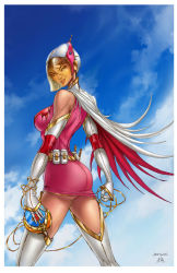 Rule 34 | 1girl, ass, bare shoulders, belt, blue sky, boots, breasts, brown hair, cape, collaboration, day, dress, elbow gloves, gatchaman, gloves, helmet, jamie tyndall, jun the swan, large breasts, pouch, short dress, short hair, signature, sky, solo, tatsunoko production, thigh boots, thighhighs, ula mos, visor, white gloves