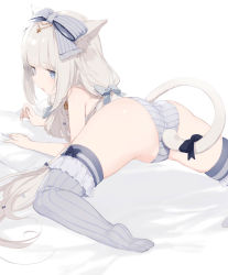 Rule 34 | 1girl, absurdres, animal ears, bell, blue eyes, blush, bow, cat ears, cat girl, cat tail, fujiyama, hair bow, highres, jingle bell, long hair, looking at viewer, low twintails, neck bell, nekopara, panties, ribbon-trimmed clothes, ribbon trim, solo, tail, tail ornament, thighhighs, twintails, underwear, vanilla (nekopara), very long hair