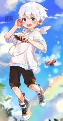 Rule 34 | 1boy, brown shorts, bug, cellphone, child, cloud, cloudy sky, commentary request, far tarooo, hand on own ear, headphones, highres, holding, holding phone, hood, hoodie, insect, jumping, ladybug, looking at viewer, male focus, original, phone, shoes, shorts, sky, smartphone, sneakers, solo, teeth, upper teeth only, white hair, white hoodie