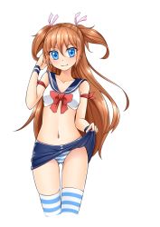 Rule 34 | 1girl, arm ribbon, blue eyes, blue sailor collar, blue skirt, bow, bowtie, breasts, brown hair, closed mouth, clothes lift, collarbone, crop top, cropped legs, floating hair, gluteal fold, hair between eyes, hair ribbon, hand in own hair, highres, houjou hibiki, kanichiri, lifting own clothes, long hair, looking at viewer, midriff, miniskirt, navel, panties, pencil skirt, pink ribbon, precure, red bow, red bowtie, red ribbon, ribbon, sailor collar, shiny clothes, simple background, skirt, skirt lift, small breasts, smile, solo, standing, stomach, striped clothes, striped panties, striped thighhighs, suite precure, thigh gap, thighhighs, twintails, underwear, very long hair, white background, wristband