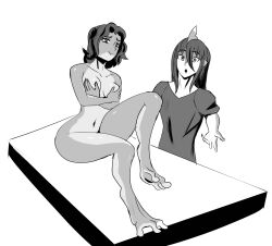 Rule 34 | 1boy, 1girl, black hair, breasts, closed mouth, clothed male nude female, completely nude, covering privates, covering breasts, embarrassed, feet, frog, frog girl, greyscale, highres, horizontal pupils, long hair, looking at viewer, medium breasts, monochrome, monster boy, monster girl, navel, niftyrobo, nude, original, self-upload, shark, shark boy, shark fin, shirt, short hair, simple background, thighs, white background