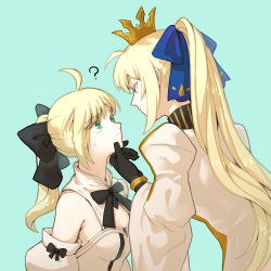 Rule 34 | 2girls, ?, ahoge, artoria caster (fate), artoria caster (third ascension) (fate), artoria pendragon (all), artoria pendragon (fate), black gloves, blonde hair, bohe liang you, braid, breasts, commentary request, crown, eyebrows hidden by hair, fate/grand order, fate (series), gloves, green background, green eyes, hair ribbon, hand on another&#039;s chin, highres, long hair, looking at another, looking at viewer, multiple girls, ribbon, saber lily, simple background, skirt, smile