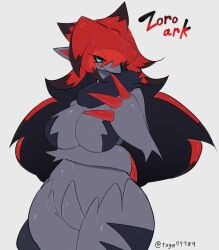 Rule 34 | absurdres, animal ears, black fur, black hair, blue eyes, breasts, claws, cleavage, creatures (company), finger to mouth, fox ears, fox girl, fox tail, fur collar, furry, furry female, game freak, gen 5 pokemon, highres, inner sideboob, large breasts, long hair, looking at viewer, multicolored hair, navel, nintendo, pokemon, pokemon (creature), red hair, smirk, tail, thick thighs, thighs, togetoge, wide hips, zoroark