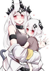 Rule 34 | 2girls, absurdres, arknights, bare shoulders, black choker, black collar, breasts, choker, cleavage, collar, demon horns, hair ornament, highres, horns, if they mated, jewelry, kokihanada, large breasts, long hair, looking at viewer, mother and daughter, mudrock (arknights), multiple girls, open jumpsuit, pointy ears, red eyes, ring, sports bra, tagme, white background, white hair