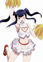Rule 34 | 00s, 1girl, black hair, blush, breasts, cheerleader, cleavage cutout, clothing cutout, flat chest, hair ornament, heart, heart cutout, ikkitousen, long hair, looking at viewer, navel, one eye closed, open mouth, saji genpou (true), simple background, skirt, small breasts, socks, solo, twintails, white background, white skirt, white socks, yellow eyes