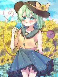 Rule 34 | 1girl, adapted costume, aqua eyes, armpits, bare shoulders, black hat, blouse, blue sky, blush, buttons, cloud, collared shirt, commentary, cowboy shot, day, diamond button, dorowa (drawerslove), eyeball, flower, food, frilled shirt collar, frilled skirt, frills, green hair, green skirt, hair between eyes, hand up, hat, hat flower, hat ribbon, heart, heart of string, highres, holding, holding food, komeiji koishi, looking at viewer, medium hair, medium skirt, one-hour drawing challenge, outdoors, popsicle, ribbon, shirt, skirt, sky, sleeveless, sleeveless shirt, solo, standing, sunflower, sweat, sweatdrop, third eye, tongue, tongue out, touhou, wavy hair, yellow ribbon, yellow shirt