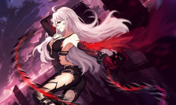 Rule 34 | 00s, 1girl, ass, backless outfit, baisi shaonian, bodysuit, breasts, bridge, building, cross, crucifix, demon slayer (dungeon and fighter), detached sleeves, dungeon &amp; fighter, dungeon and fighter, female slayer (dungeon and fighter), gloves, large breasts, long hair, looking at viewer, red eyes, red gloves, sideboob, silver hair, sky, skyscraper, solo, thighs, very long hair