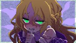 Rule 34 | 1girl, alternate hair length, alternate hairstyle, biting, biting own thumb, blonde hair, blush, braid, commentary request, french braid, glowing, glowing eyes, green eyes, long hair, looking at viewer, mizuhashi parsee, neosiromaruzmc, nose blush, one-hour drawing challenge, parted bangs, purple background, scarf, shoulder blush, solo, biting own thumb, touhou, upper body, white scarf