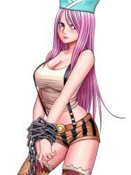 Rule 34 | 1girl, breasts, chain, cleavage, female focus, hat, jewelry bonney, lipstick, long hair, makeup, one piece, pink hair, purple eyes, solo, white background