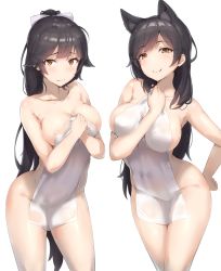 Rule 34 | 2girls, animal ears, arched back, areola slip, atago (azur lane), azur lane, black hair, breasts, commentary request, covering privates, heart, highres, large breasts, long hair, looking at viewer, multiple girls, naked towel, nude cover, ponytail, reinama, siblings, simple background, sisters, sketch, smile, takao (azur lane), towel, white background, wolf ears