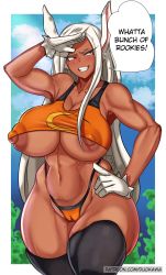 Rule 34 | 1girl, abs, animal ears, areola slip, artist name, boku no hero academia, breasts, cameltoe, cleft of venus, covered erect nipples, dark-skinned female, dark skin, duo kawa, english text, female focus, large breasts, long hair, looking to the side, mirko, muscular, muscular female, open mouth, rabbit ears, rabbit girl, rabbit tail, red eyes, solo, tail, thick thighs, thighs, white hair