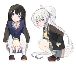 Rule 34 | 2girls, black hair, blue jacket, bow, bowtie, brown footwear, closed mouth, commentary request, foreshortening, full body, grey skirt, hair bow, hair ornament, hairclip, hands in pockets, head tilt, higuchi kaede, higuchi kaede (1st costume), jacket, long hair, long sleeves, looking at viewer, looking away, mole, mole under eye, multiple girls, necktie, nijisanji, pink eyes, pink neckwear, ponytail, purple eyes, school uniform, shoes, simple background, skirt, socks, sou (tuhut), squatting, sweater, thighhighs, tsukino mito, tsukino mito (1st costume), very long hair, virtual youtuber, white background, white bow, white hair, white legwear, yellow sweater