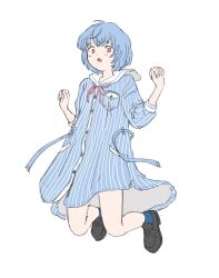 Rule 34 | 1girl, :o, alternate costume, ayanami rei, blue dress, blue socks, buttons, curled fingers, dress, full body, hands up, highres, jumping, light blush, loafers, long sleeves, looking at viewer, neon genesis evangelion, open mouth, pink ribbon, ribbon, shoes, socks, striped, takanas03, w arms, white background