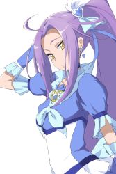 Rule 34 | 10s, 1girl, blue dress, brooch, cure beat, dress, earrings, frills, hair ornament, hairpin, heart, highres, jewelry, kurokawa eren, long hair, looking at viewer, magical girl, nanashishi, precure, purple hair, ribbon, seiren (suite precure), side ponytail, simple background, skirt, solo, suite precure, white background, wrist cuffs, yellow eyes