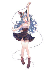 Rule 34 | 1girl, absurdres, animal ears, arm up, black skirt, blue hair, boots, brown footwear, cable, commentary, erune, ferry (granblue fantasy), flower, flower wreath, full body, granblue fantasy, hair flower, hair ornament, high-waist skirt, highres, holding, holding microphone, leon v, long hair, looking at viewer, microphone, open mouth, revision, shirt, simple background, sketch, skirt, sleeveless, sleeveless shirt, smile, solo, symbol-only commentary, wavy hair, white background, wreath, yellow eyes