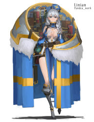 Rule 34 | 1girl, armor, belt, blue eyes, book, braid, breasts, cleavage, full body, greaves, hat, highres, long hair, looking at viewer, mole, mole under eye, original, pointy ears, silver hair, sky of morika, smile, solo
