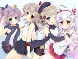 4girls arm_up artist_name ayanami_(azur_lane) azur_lane bad_id bad_twitter_id beret bike_shorts blonde_hair blue_eyes blush checkered_clothes checkered_skirt commentary_request crown elbow_gloves gloves green_eyes hair_between_eyes hair_ornament hairclip hand_on_another&#039;s_shoulder hat javelin_(azur_lane) kayura_yuka laffey_(azur_lane) looking_at_viewer mini_crown multiple_girls neckerchief one_eye_closed open_mouth purple_hair red_eyes sailor_collar school_uniform serafuku short_hair short_ponytail signature skirt sleeveless smile thighhighs twintails white_hair white_legwear yellow_neckerchief z23_(azur_lane) zettai_ryouiki