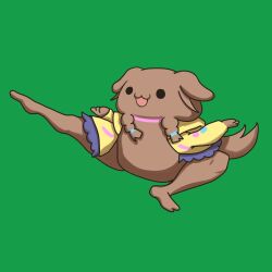 :3 animal clothed_animal commentary_request dog full_body green_background highres hololive inugami_korone inugami_korone_(dog) jacket jumping kicking meme nintendo no_humans onitake1110 open_clothes open_jacket open_mouth simple_background smash_64_pikachu_kick_(meme) smile solo super_smash_bros. virtual_youtuber yellow_jacket