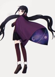 Rule 34 | 1girl, arironpawa, black hair, black skirt, borrowed clothes, brown footwear, closed mouth, danganronpa (series), danganronpa v3: killing harmony, from behind, full body, hair ornament, hair scrunchie, harukawa maki, highres, jacket, long hair, long sleeves, looking to the side, low twintails, miniskirt, mole, mole under eye, pink jacket, red scrunchie, red shirt, red thighhighs, scrunchie, shirt, simple background, skirt, solo, space print, starry sky print, thighhighs, twintails, white background