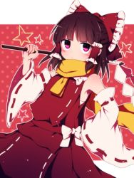 Rule 34 | 1girl, :/, armpits, bad id, bad pixiv id, bare shoulders, black hair, blunt bangs, blush, bow, closed mouth, detached sleeves, gohei, hair bow, hair tubes, hakurei reimu, hand on own hip, japanese clothes, long hair, long sleeves, miko, nontraditional miko, oonusa, pink eyes, red bow, red shirt, red skirt, ribbon-trimmed sleeves, ribbon trim, sarashi, scarf, shirt, sidelocks, skirt, skirt set, sleeveless, sleeveless shirt, solo, touhou, white bow, wide sleeves, yellow scarf, you (noanoamoemoe)