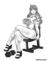 Rule 34 | 1girl, ass, bikini, breasts, elee0228, female focus, full body, highres, large breasts, long hair, looking at viewer, monochrome, muscular, nami (one piece), one piece, skyraptor, solo, swimsuit, white background