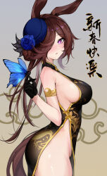 Rule 34 | 1girl, absurdres, alternate breast size, animal ears, bare shoulders, black gloves, blue butterfly, breasts, brown hair, bug, butterfly, china dress, chinese clothes, dress, from side, gloves, hair over one eye, hat, hermityy, highres, horse ears, horse girl, horse tail, insect, large breasts, long hair, looking at viewer, rice shower (umamusume), side slit, sideboob, sleeveless, sleeveless dress, solo, tail, umamusume