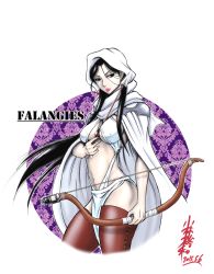 Rule 34 | 1girl, armor, arrow (projectile), arslan senki, between breasts, black eyes, black hair, bow (weapon), breasts, cape, character name, cleavage, cowboy shot, dated, earrings, falangies, hirokazu kobayashi, hood, jewelry, lipstick, loincloth, long hair, makeup, midriff, navel, necklace, purple background, scarf, shawl, solo, thighhighs, weapon