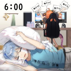 Rule 34 | 2girls, absurdres, ahoge, amane kanata, arms up, artist name, barefoot, black shirt, blue hair, blue shirt, bottle, chair, closed eyes, clothes writing, commentary, computer, covering own ears, dragon horns, dragon tail, emphasis lines, futon, gaming chair, halo, halo removed, highres, hololive, horns, indoors, kiryu coco, kiryu coco (1st costume), light blue hair, livestream, long hair, lying, microphone, monitor, motion blur, multicolored hair, multiple girls, on side, open mouth, orange hair, pants, pillow, pp tenshi t-shirt, shirt, short hair, signature, sitting, sound wave, speaker, speech bubble, streaked hair, swivel chair, t-shirt, tail, tears, timestamp, translated, tsukino (nakajimaseiki), two-tone hair, virtual youtuber, waving arms, white pants