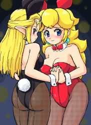 Rule 34 | 2girls, alternate costume, animal costume, animal ears, ass, back, bare arms, bare shoulders, black leotard, blonde hair, blue eyes, blush, breasts, cleavage, closed mouth, custom, detached collar, earrings, elf, fake animal ears, hair flaps, half updo, holding hands, huge ass, interlocked fingers, jewelry, konpeto, leotard, looking at viewer, looking back, mario, mario (series), multiple girls, nervous, nintendo, oekaki, pantyhose, playboy bunny, pointy ears, princess peach, princess zelda, rabbit ears, rabbit tail, red leotard, smile, strapless, strapless leotard, super mario bros. 1, super smash bros., tail, the legend of zelda, the legend of zelda: ocarina of time, wrist cuffs