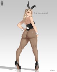 Rule 34 | 1girl, absurdres, animal ears, arm tattoo, ass, blonde hair, butt crack, danfer3, detached collar, fake animal ears, fake tail, fishnet pantyhose, fishnets, full body, green eyes, grey background, high heels, highres, leotard, looking back, original, pantyhose, playboy bunny, rabbit ears, solo, strapless, strapless leotard, tail, tattoo, wrist cuffs