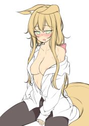 Rule 34 | 1girl, animal ears, areola slip, between legs, black pantyhose, blonde hair, blush, breasts, dress shirt, drooling, fox ears, fox tail, green eyes, hair between eyes, hand between legs, highres, himeka chiyako, large breasts, minaha (playjoe2005), off shoulder, open clothes, open mouth, open shirt, original, pantyhose, partially unbuttoned, shirt, simple background, sitting, solo, sweat, tail, white background, white shirt