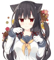 Rule 34 | 10s, 1girl, :3, absurdres, animal ears, black hair, blush, breasts, cat ears, cat tail, floral background, gloves, hair between eyes, hair ribbon, highres, isokaze (kancolle), jitome, kantai collection, kemonomimi mode, large breasts, long hair, long sleeves, looking at viewer, low twintails, miko (royal milk), neckerchief, paw pose, red eyes, red ribbon, ribbon, school uniform, serafuku, smile, solo, tail, twintails, white background, white gloves, yellow neckerchief