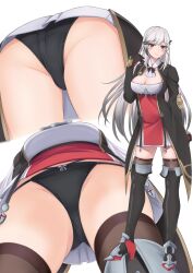 Rule 34 | 1girl, ass, azur lane, black panties, boots, breasts, cleavage, close-up, dunkerque (azur lane), from below, gradient eyes, grey hair, hand up, high heel boots, high heels, highres, large breasts, long hair, miniskirt, mtu virus, multicolored eyes, multicolored hair, multiple views, panties, pantyshot, rei (09991), skirt, standing, thighs, two-tone hair, underwear, upskirt, white background