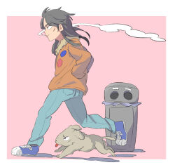 Rule 34 | 1boy, black hair, blue footwear, blue pants, bomber jacket, brown jacket, cigarette, closed mouth, commentary request, dog, expressionless, facial scar, full body, hands in pockets, highres, inudori, itou kaiji, jacket, kaiji, long hair, long sleeves, looking afar, male focus, pants, pink background, profile, scar, scar on cheek, scar on face, shoes, simple background, smoking, sneakers, solo, trash can, two-tone background, walking, white background