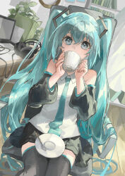 Rule 34 | 1girl, aqua eyes, aqua hair, aqua necktie, bare shoulders, black skirt, black sleeves, black thighhighs, bookshelf, cable, chair, commentary, computer, cowboy shot, cup, detached sleeves, hair ornament, hatsune miku, headphones, headphones removed, highres, himukai aoi, holding, holding cup, indoors, long hair, looking at viewer, miniskirt, monitor, necktie, office chair, paper, plant, pleated skirt, saucer, shirt, sitting, skirt, sleeveless, sleeveless shirt, solo, spoon, swivel chair, table, teacup, teaspoon, thighhighs, twintails, very long hair, vocaloid, white shirt, wooden floor