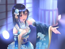 Rule 34 | bare shoulders, black hair, blurry, brown eyes, depth of field, detached sleeves, doitsuudon, earrings, flower, fujiwara hajime, hair flower, hair ornament, idolmaster, idolmaster cinderella girls, japanese clothes, jewelry, kimono, long hair, nail polish, open mouth, outstretched arm, smile, solo, wide sleeves