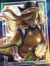 Rule 34 | 1girl, absurdres, blonde hair, constellation print, door, drum, gem, green skirt, hat, highres, instrument, long hair, long sleeves, looking at viewer, louback lavoura, matara okina, open mouth, sakimichan (style), skirt, solo, tabard, touhou, upper body, wide sleeves, yellow eyes