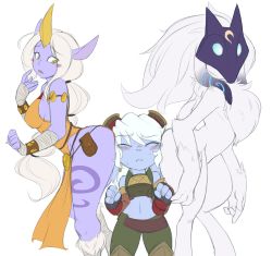 Rule 34 | absurdres, ass-to-ass, bandlebro, blue skin, blush, breasts, colored skin, third-party edit, embarrassed, girl sandwich, goat girl, highres, kindred (league of legends), league of legends, monster girl, sandwiched, shortstack, sideboob, soraka (league of legends), third-party edit, tristana, yordle