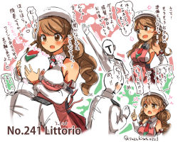 Rule 34 | 10s, 1boy, 1girl, admiral (kancolle), apron, arm up, armpits, artist name, bare shoulders, beret, between fingers, breast smother, breasts, brown eyes, brown hair, character name, chestnut mouth, detached sleeves, face to breasts, hat, head on chest, hetero, holding, hug, index finger raised, kantai collection, large breasts, littorio (kancolle), long sleeves, motion lines, necktie, pointing, red necktie, suzuki toto, translated, twitter username, white hat, wide sleeves